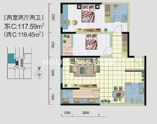 数字生活C户型2室2厅2卫1厨 117.59㎡